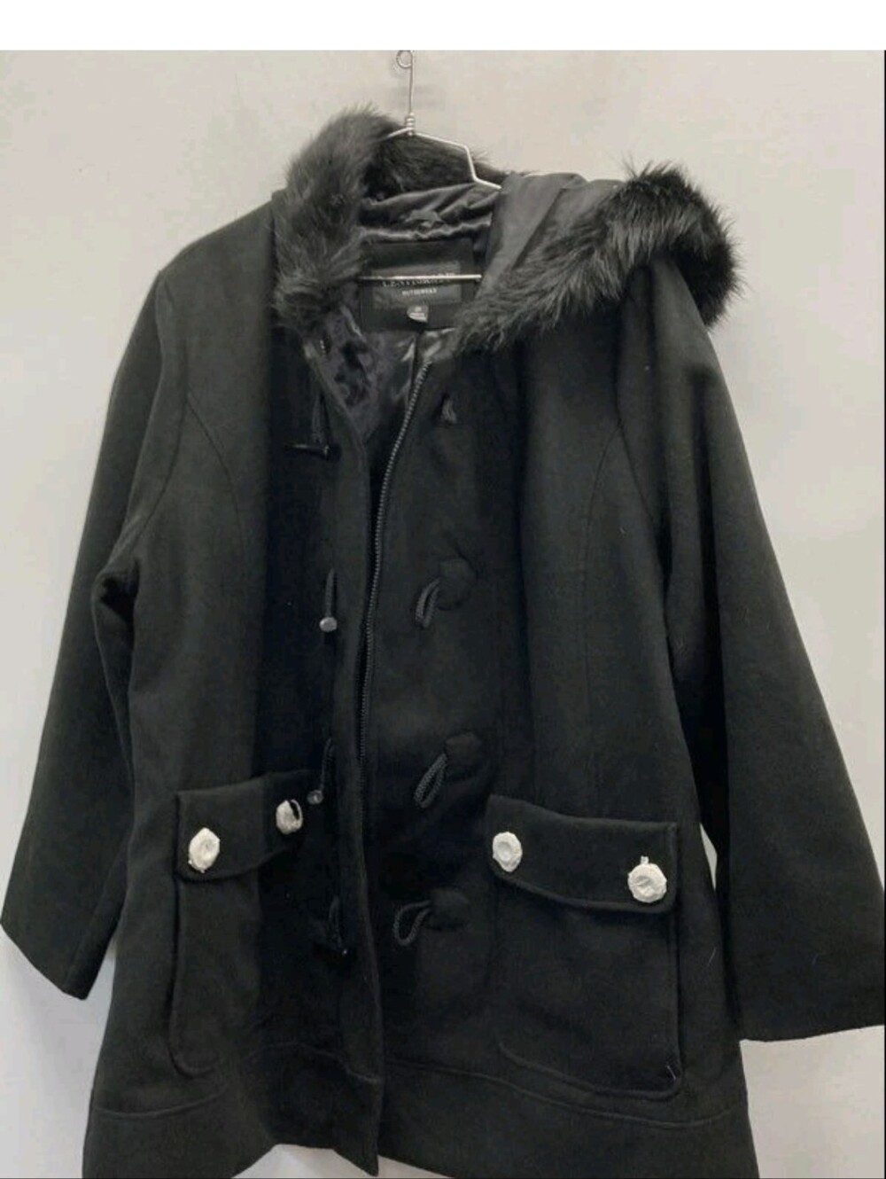 EUC Centigrade Womens Black Toggle Hooded Faux Fur Trim Duffle Coat Size 2X